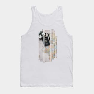 Photo of travel gear - mat, camera, passport T-shirt print | Travel and Adventures Tank Top